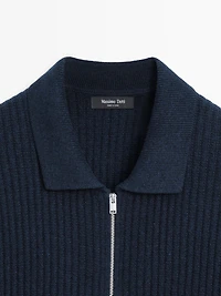 Ribbed knit cotton and wool cardigan with zip
