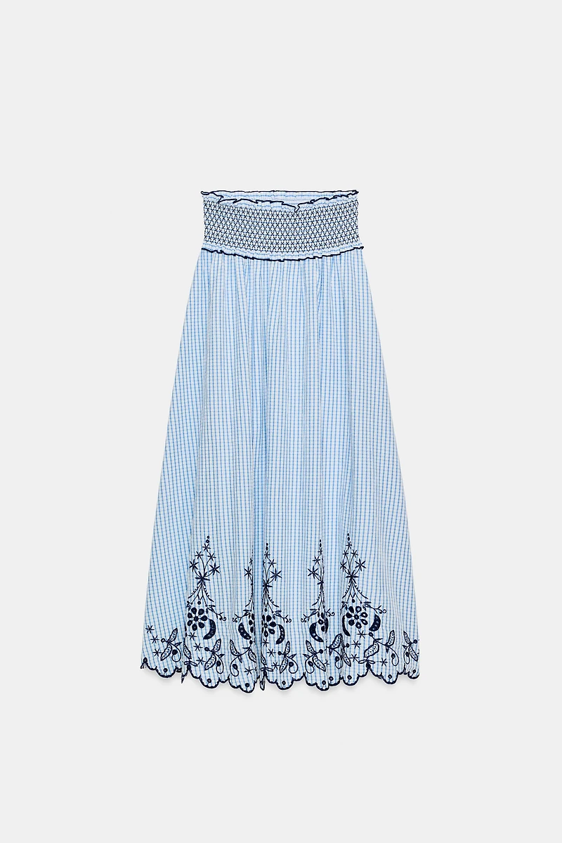 EMBROIDERED PLAID MIDI SKIRT