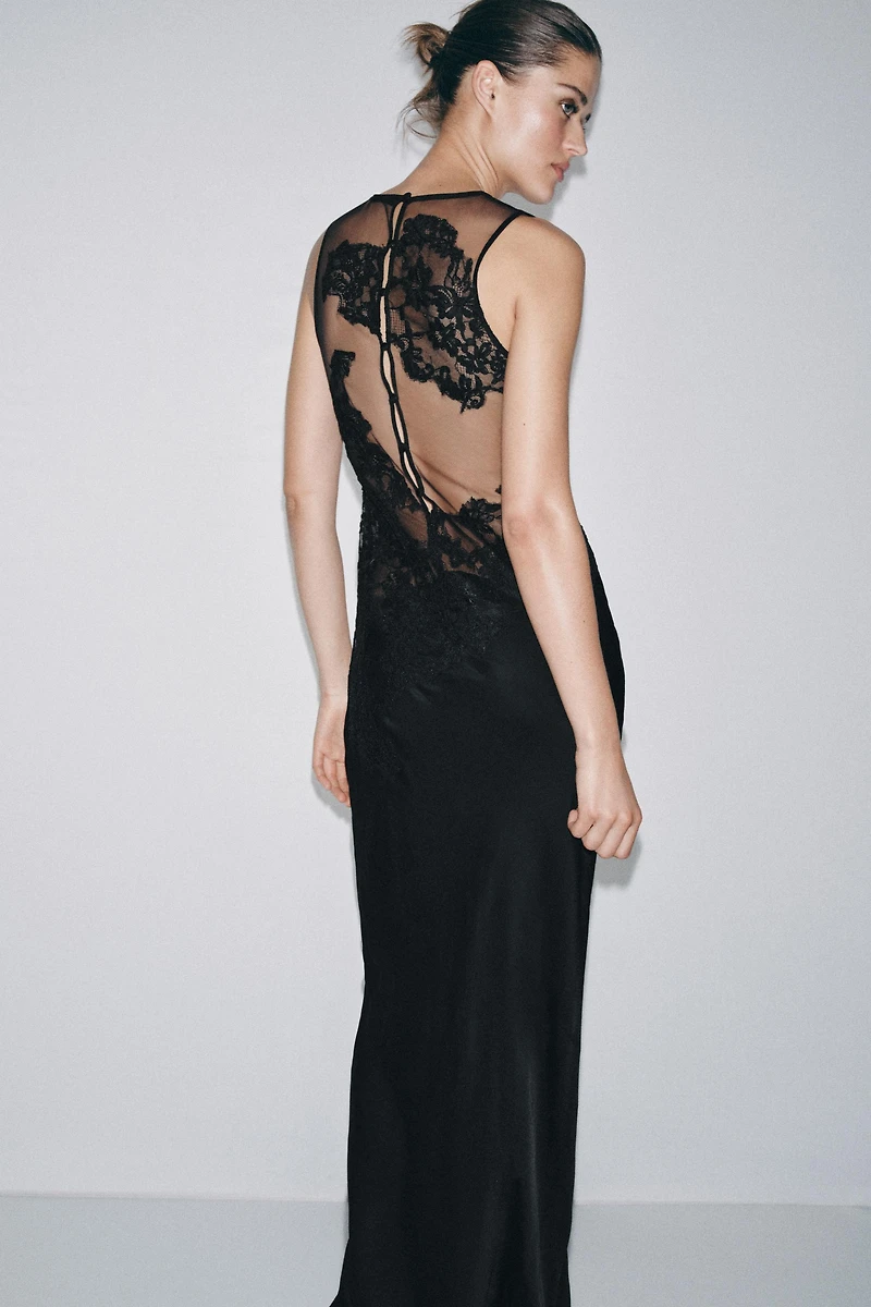 LONG COMBINATION MESH LACE DRESS