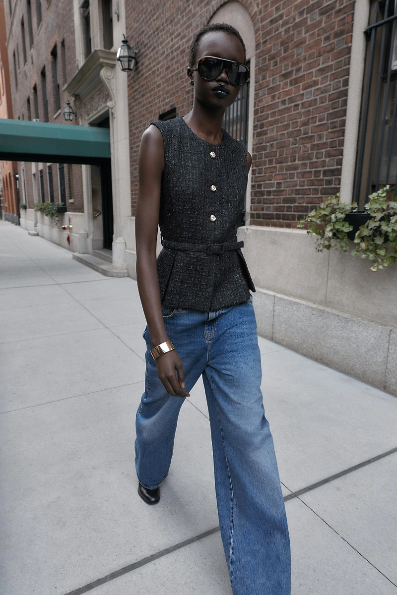 METALLIC THREAD BELTED TEXTURED VEST