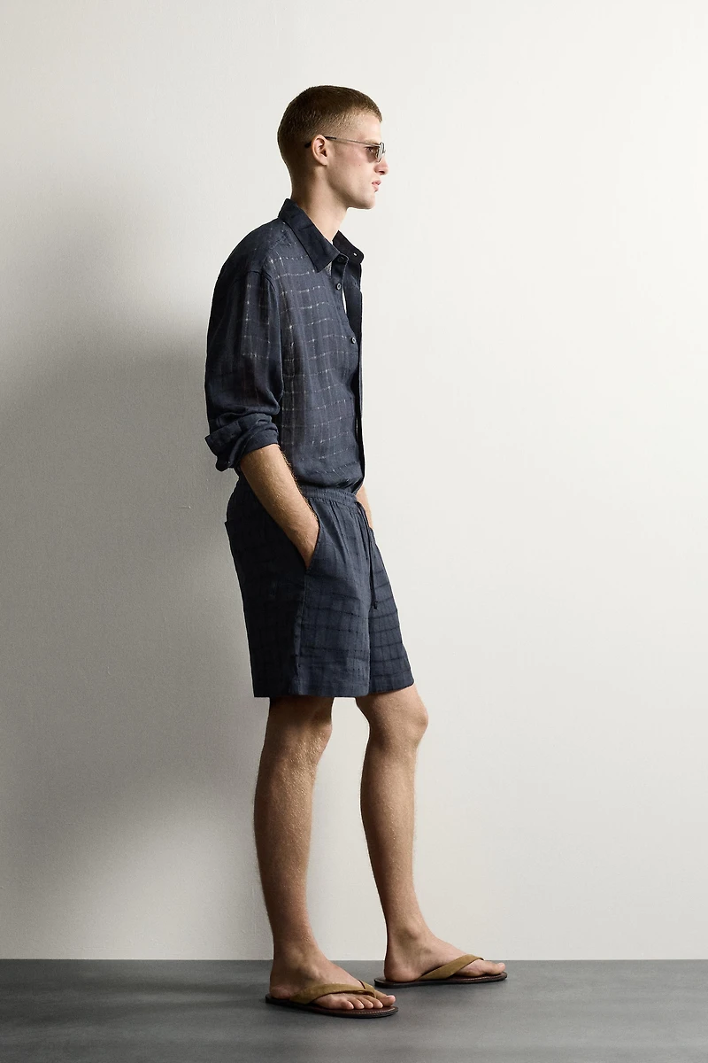 LINEN COTTON BLEND CHECKERED JACQUARD SHORTS