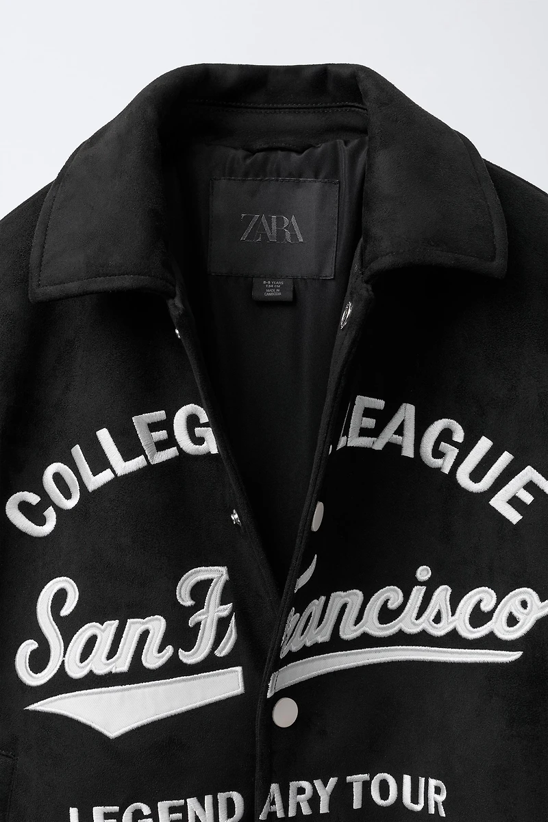 EMBROIDERED TEXT FAUX SUEDE BOMBER JACKET