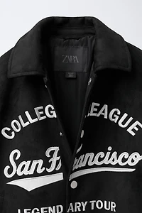 EMBROIDERED TEXT FAUX SUEDE BOMBER JACKET
