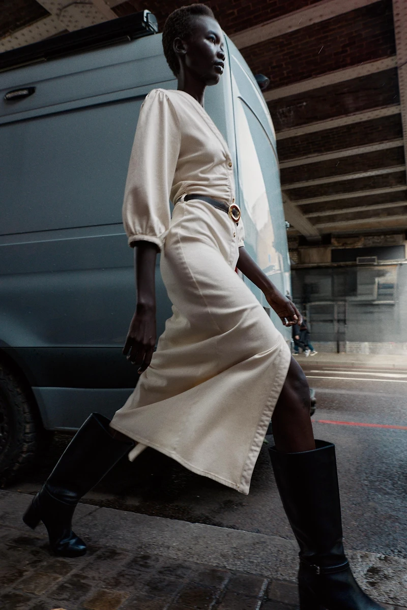 BELTED BALLOON SLEEVE MIDI DRESS
