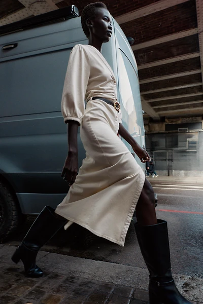 BELTED BALLOON SLEEVE MIDI DRESS
