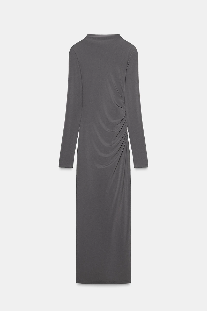 DRAPED SHOULDER PAD MIDI DRESS