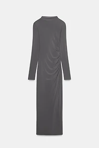 DRAPED SHOULDER PAD MIDI DRESS