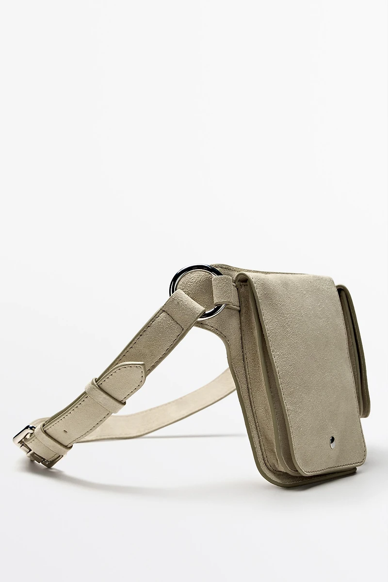 Split leather double compartment belt bag