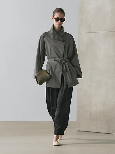 Short cotton blend trench coat with belt