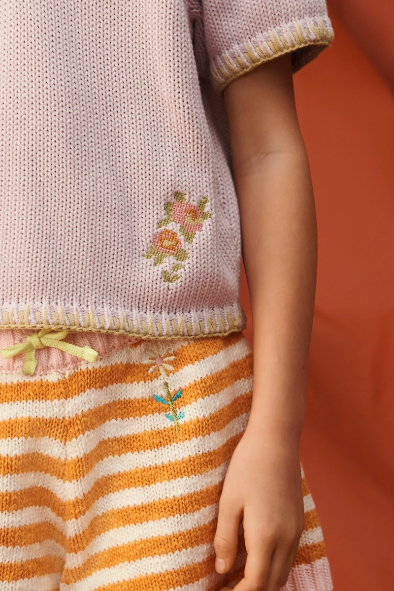 KNIT STRIPED EMBROIDERED FLOWER SHORTS LIMITED EDITION
