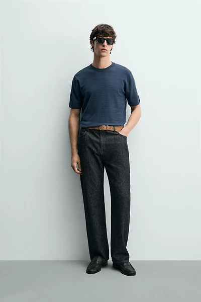 STRIPED COTTON LINEN BLEND KNIT T-SHIRT
