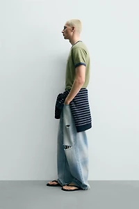 WASHED PRINT CONTRAST RIB T-SHIRT