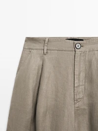 100% linen wide-leg mid-rise trousers