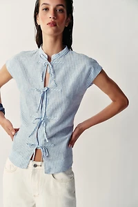 METALLIC THREAD STRIPED TIE BLOUSE