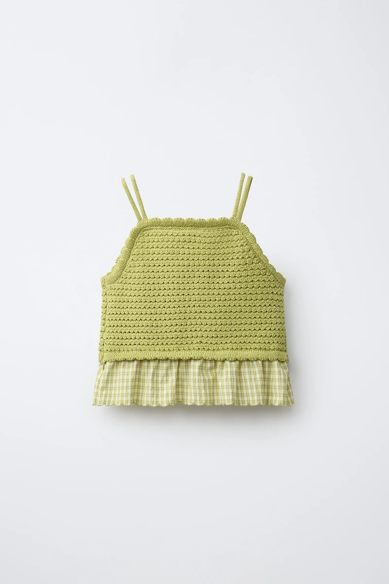 COMBINED GINGHAM AND EMBROIDERED KNIT TOP