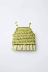 COMBINED GINGHAM AND EMBROIDERED KNIT TOP