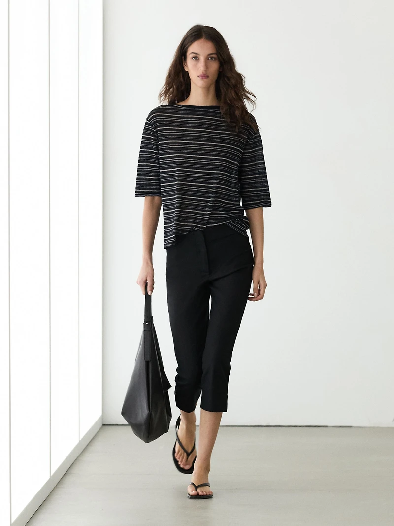 Striped linen 3/4 sleeve knit T-shirt