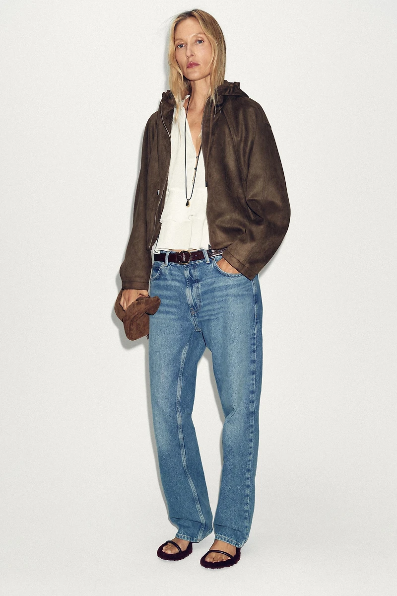FAUX SUEDE HOODED BOMBER JACKET