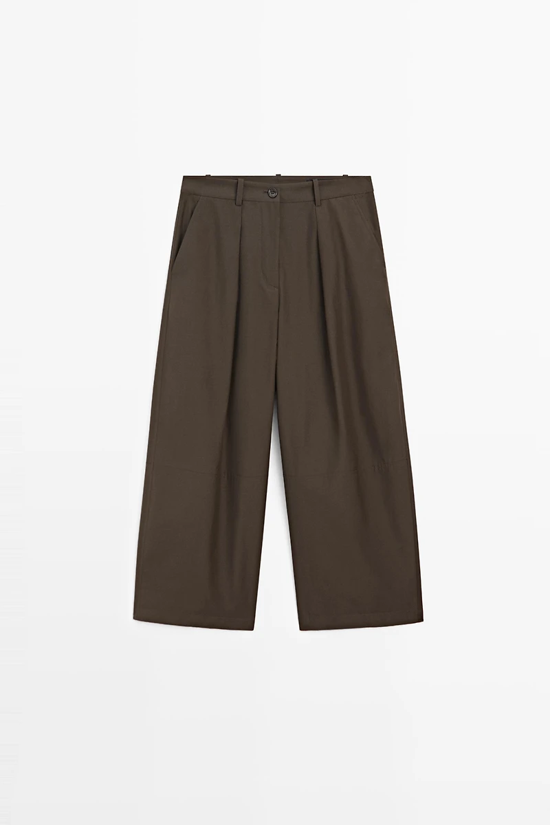 Cotton blend poplin wide-leg pants