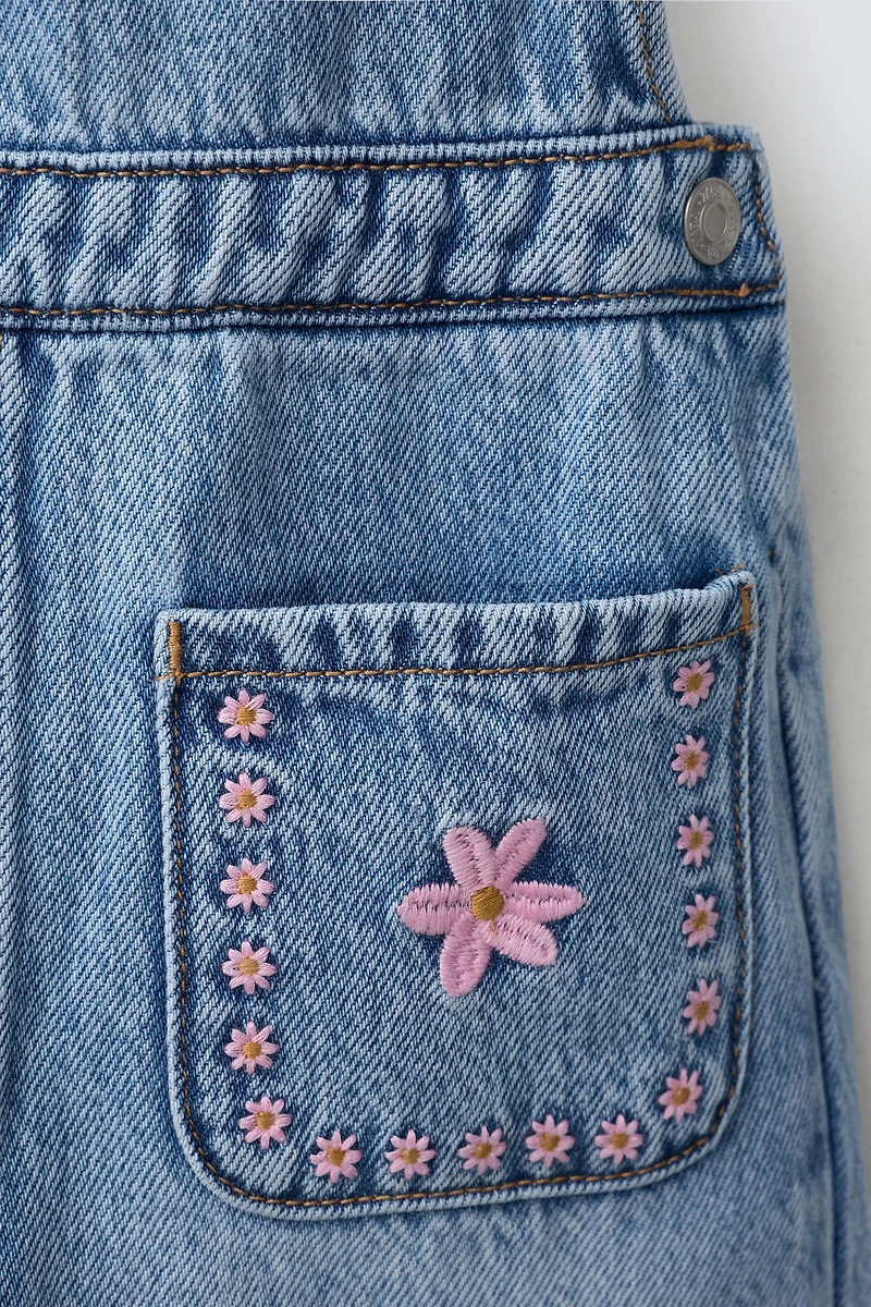 EMBROIDERED FLORAL DENIM OVERALLS