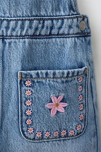 EMBROIDERED FLORAL DENIM OVERALLS