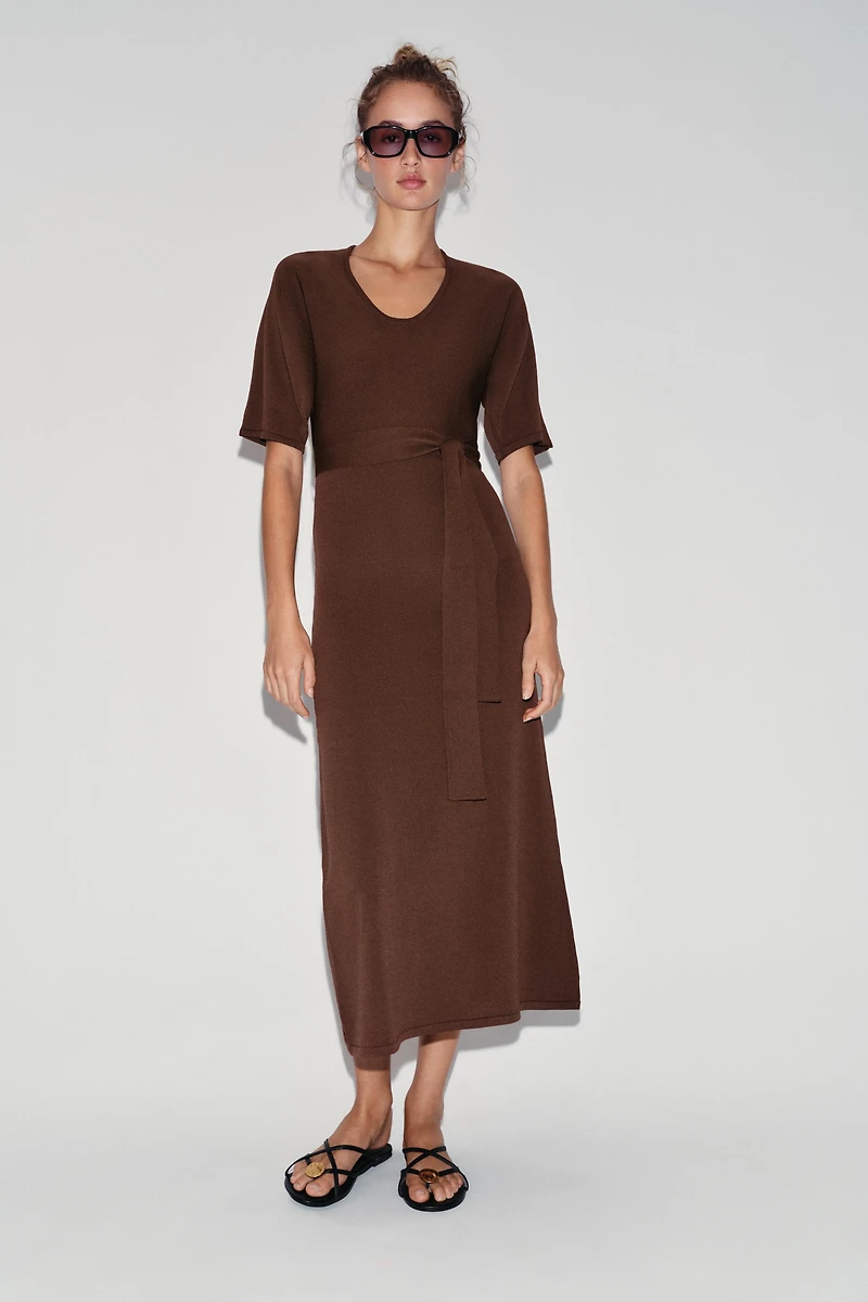 BELTED KNIT MIDI DRESS