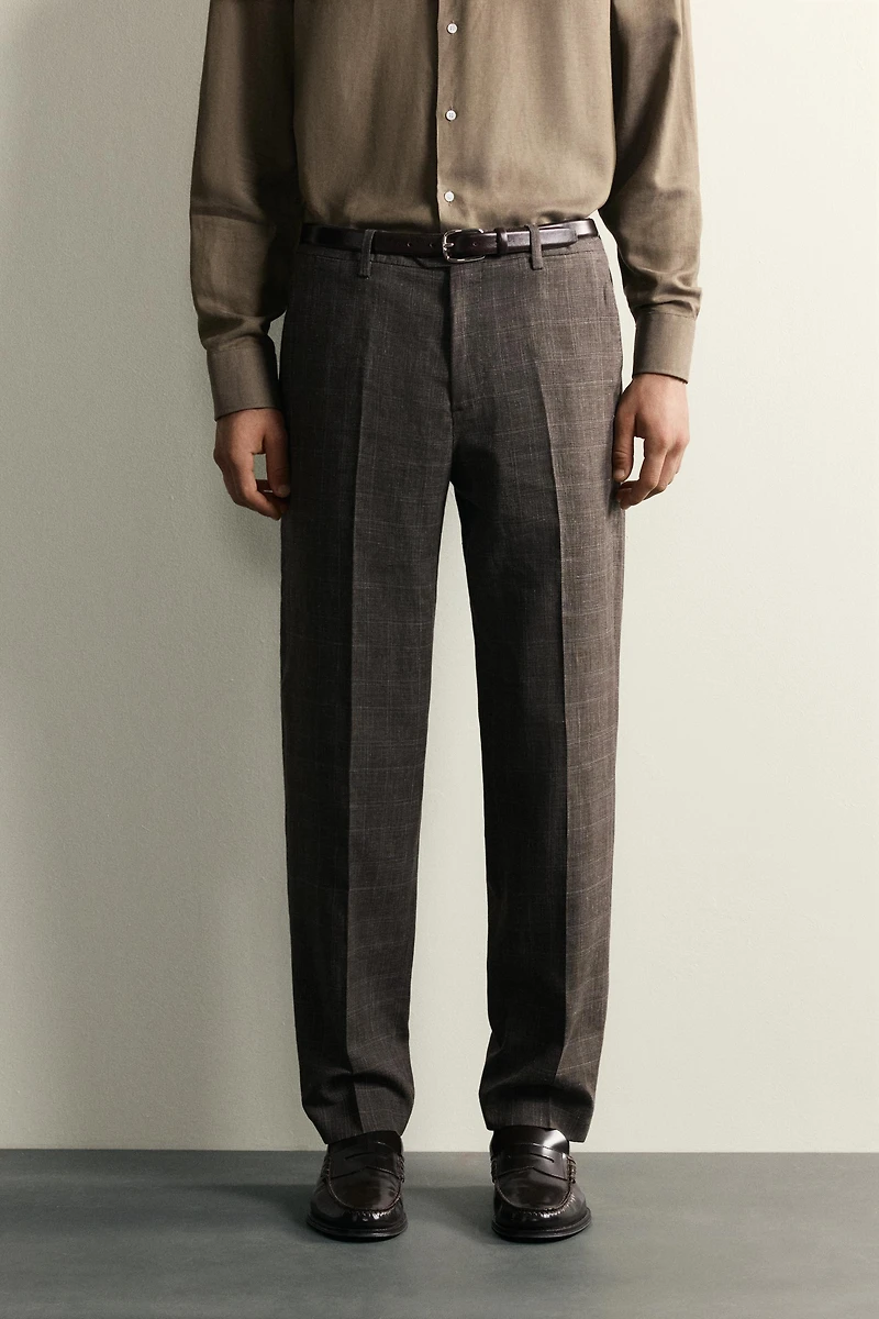 LINEN AND WOOL CHECK SUIT PANTS
