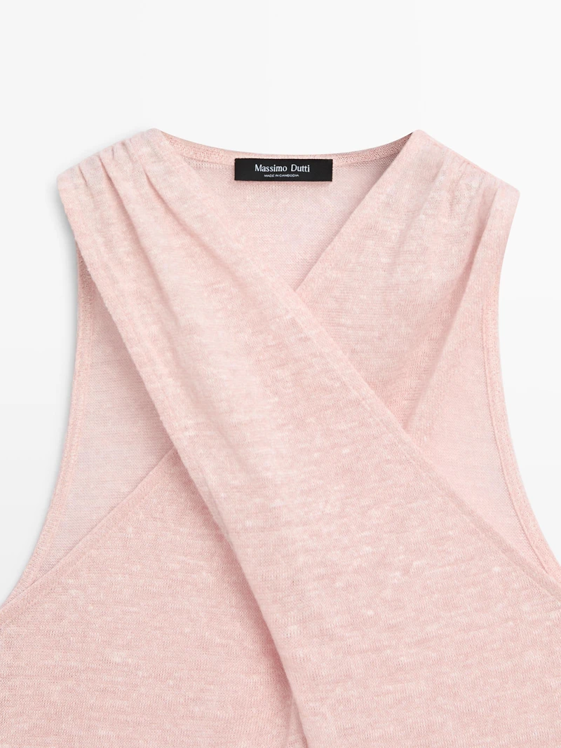 Linen blend top with surplice neckline