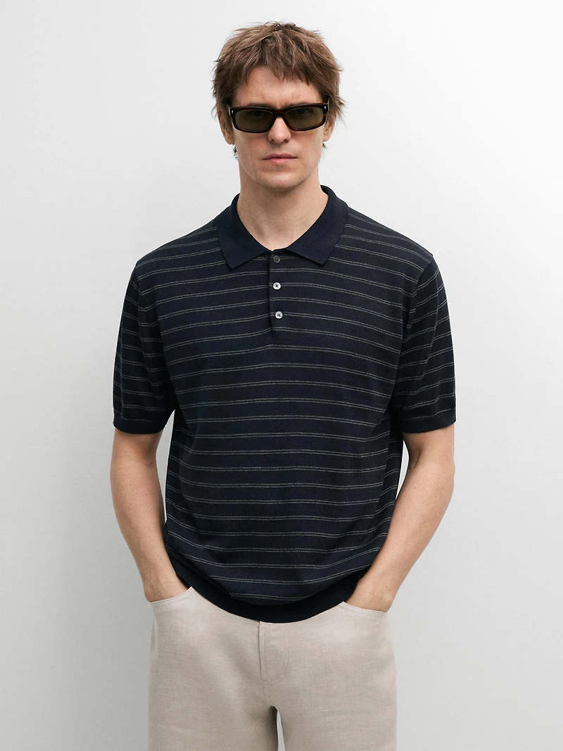 Cotton blend knit polo shirt with striped detail