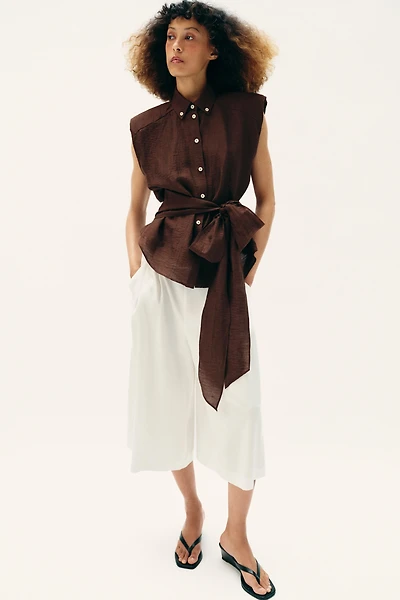 LINEN BELTED SHOULDER PAD TOP