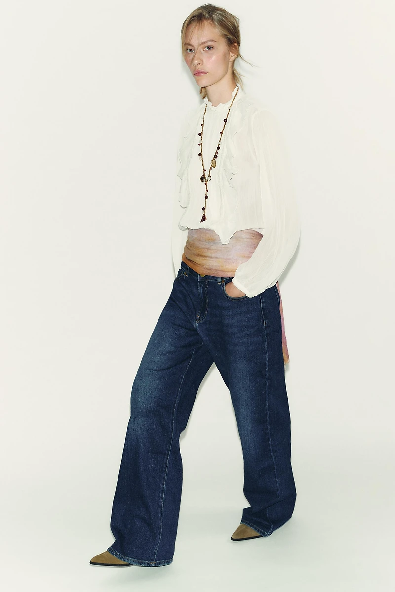 COTTON GAUZE LACE TRIM RUFFLED BLOUSE