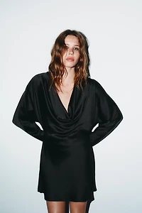 SATIN EFFECT FLOWY NECKLINE DRESS