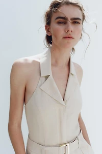 HALTER LINEN BELTED JUMPSUIT