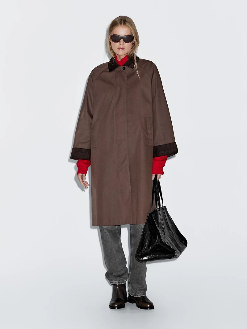 Long waxed parka with corduroy detail