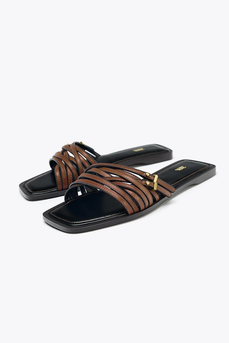 LEATHER STRAPPY SLIDE SANDALS