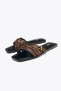 LEATHER STRAPPY SLIDE SANDALS