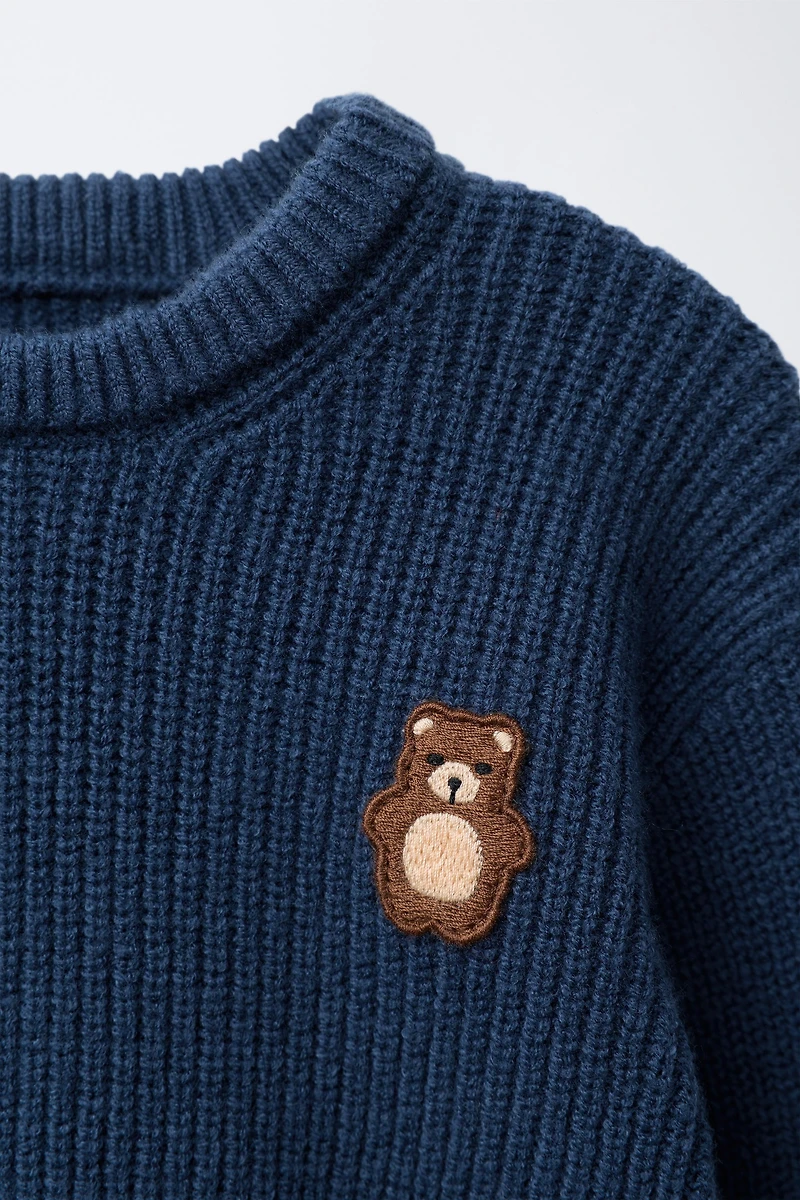 EMBROIDERED TEDDY BEAR PURL KNIT JUMPER