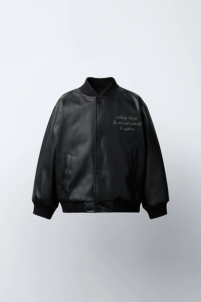 EMBROIDERED TEXT FAUX LEATHER BOMBER JACKET