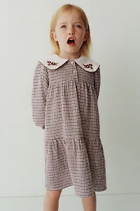 EMBROIDERED COLLAR PLAID TEXTURED DRESS