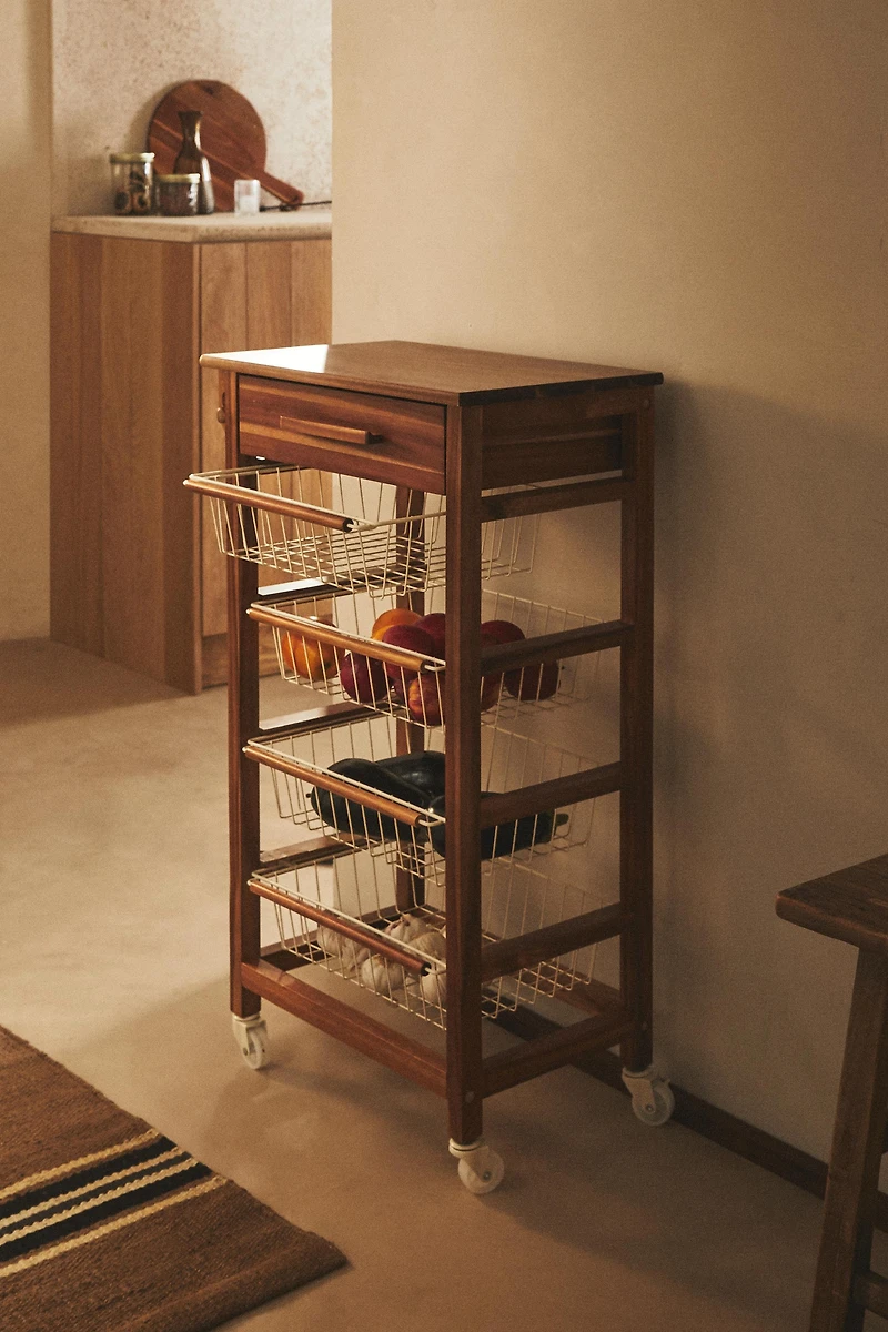 WOOD AND METAL STORAGE FURNITURE WITH WHEELS