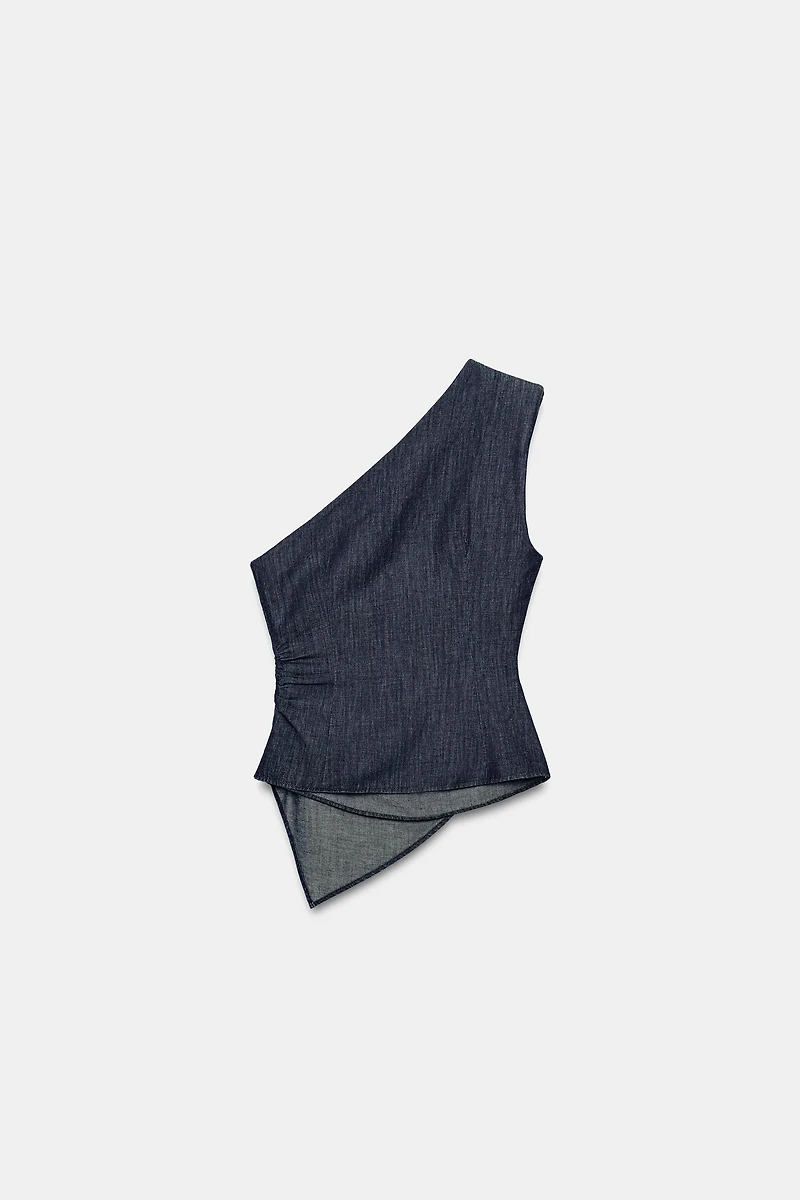 ASYMMETRIC SHOULDER PAD LINEN BLEND TOP
