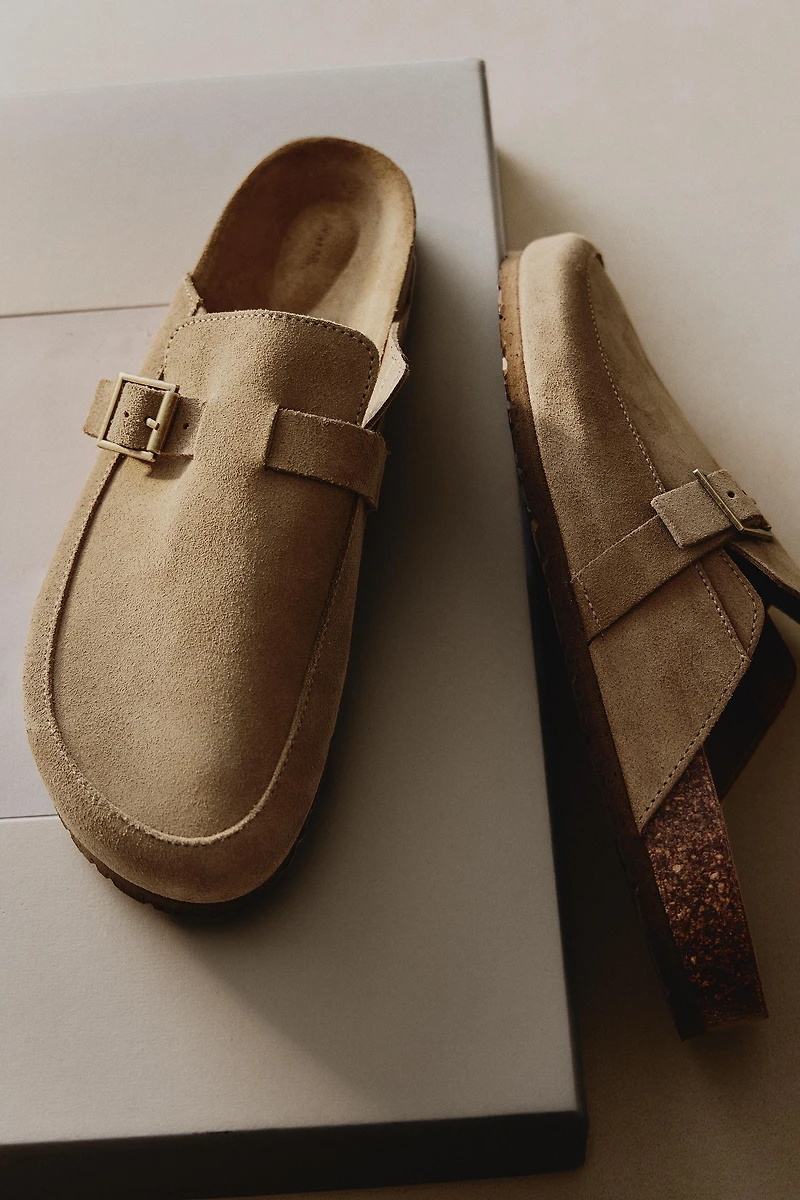 LEATHER MULE CLOG SLIPPERS WITH BUCKLE