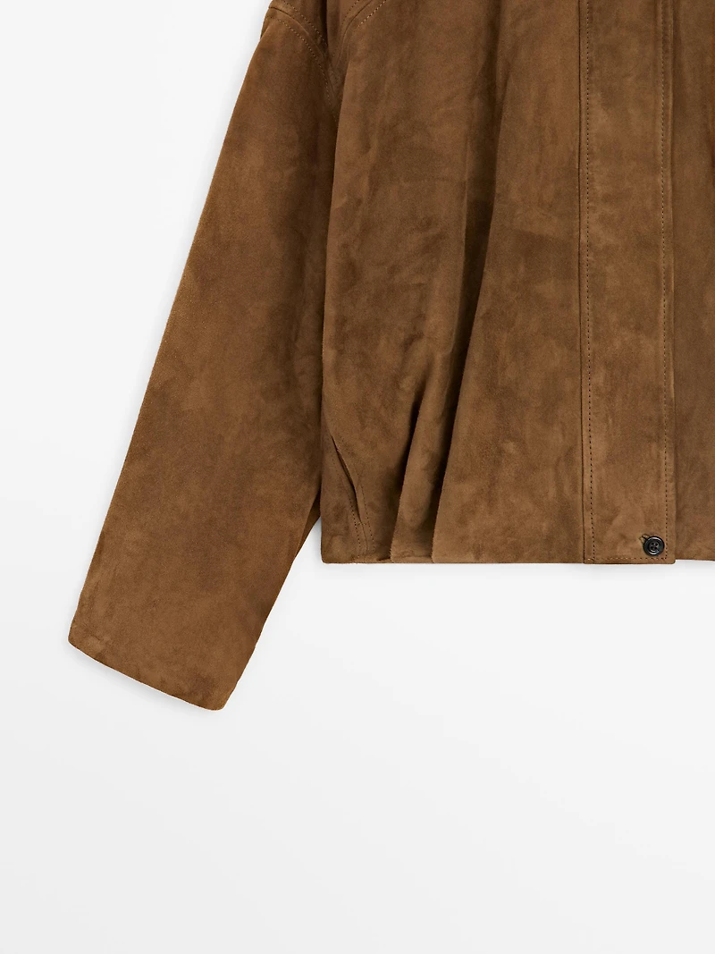 Short suede leather bomber jacket