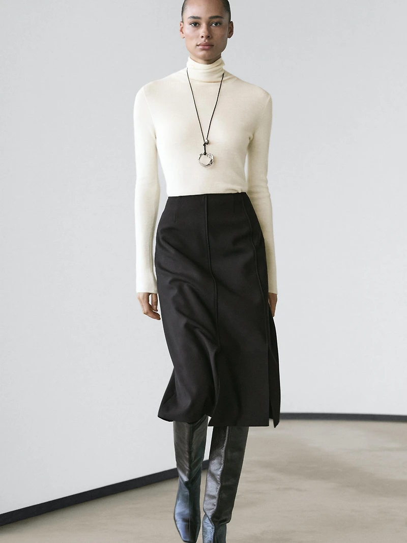 Straight fit wool blend midi skirt with slit