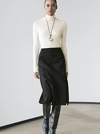 Straight fit wool blend midi skirt with slit