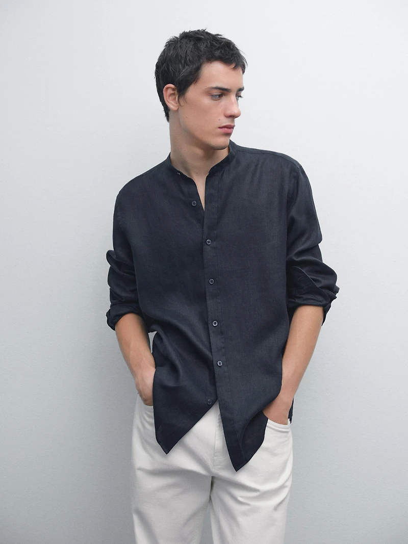 100% linen stand collar shirt