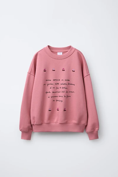 TEXT AND FLORAL EMBROIDERY SWEATSHIRT