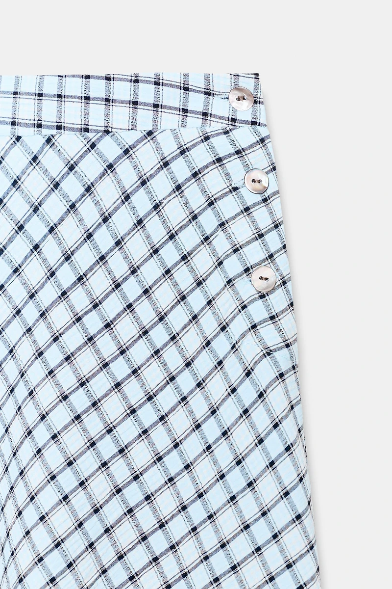 ASYMMETRIC PLAID MIDI SKIRT