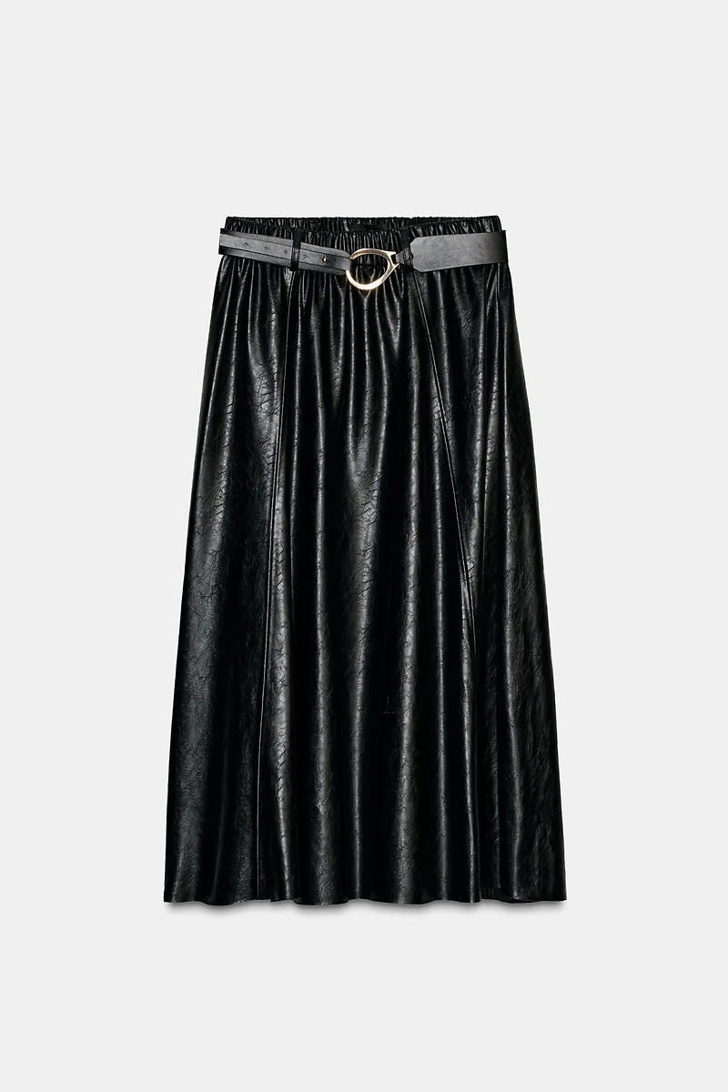 FAUX LEATHER LAYERED BELTED MIDI SKIRT