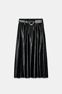 FAUX LEATHER LAYERED BELTED MIDI SKIRT